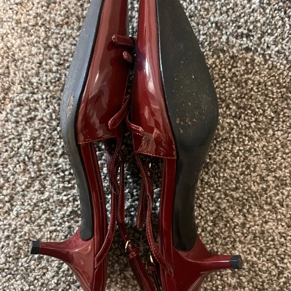 Miu Miu Burgundy Patent Leather Pointed Slingback Flats with Gold Buckles - Picture 6 of 7